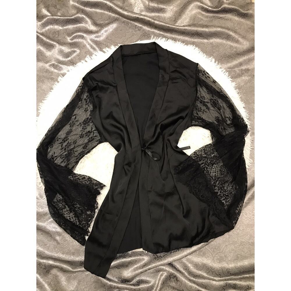 Oh La La Cheri Lace Trim Sheer Robe Lingerie Boudoir Long Sleeve S/M